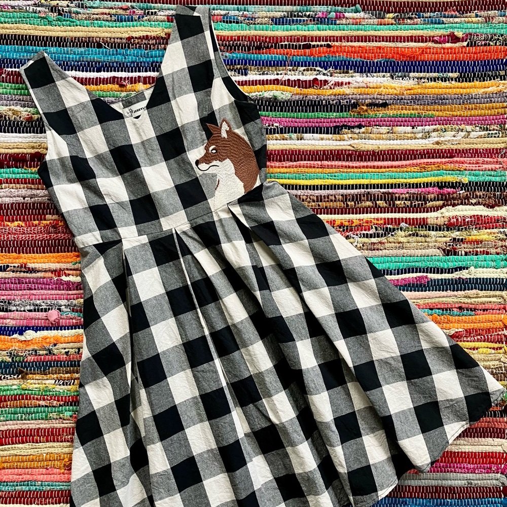 Jessyline ~ Buffalo plaid fit and flare dress with embroidered dog